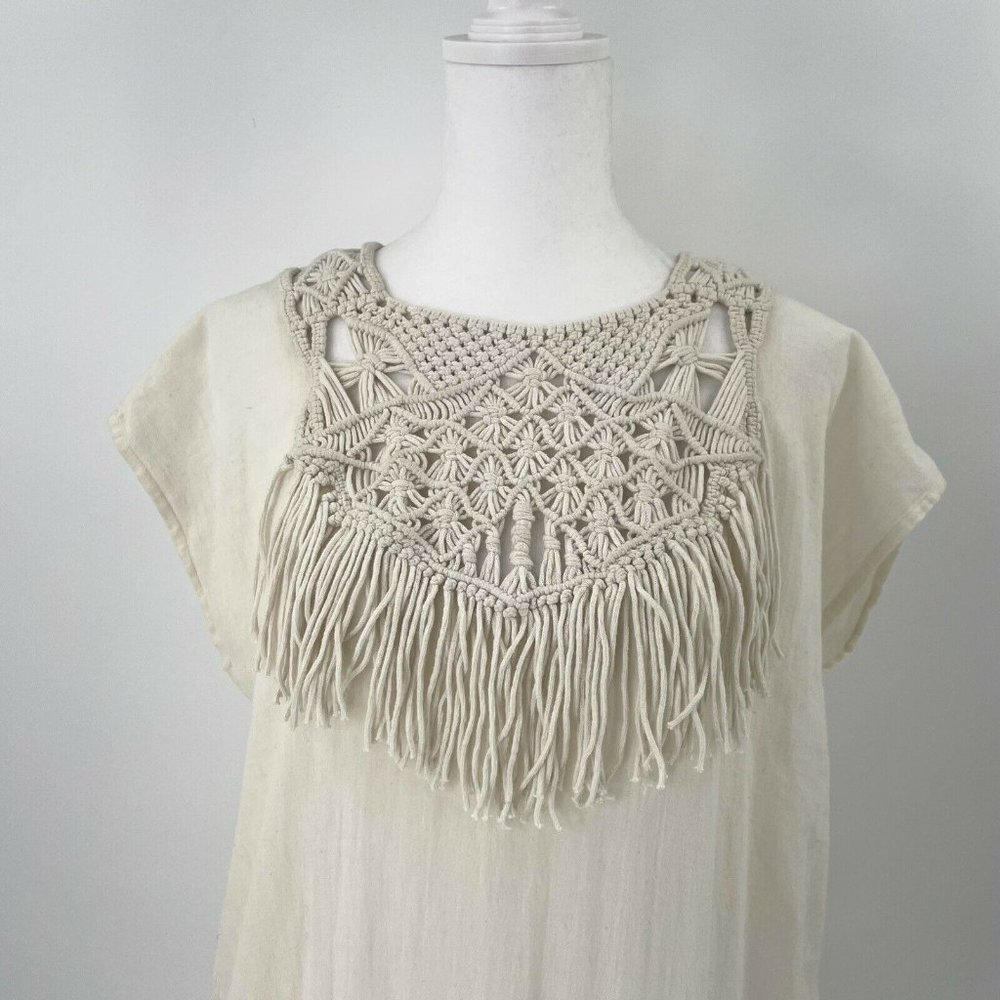 ULLA JOHNSON Macrame Crochet Fringe Shift Dress Ivory Bohemian Hippie size 4